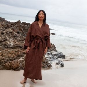DEIJI STUDIOS Brown Linen Long Kimono Robe OSFM